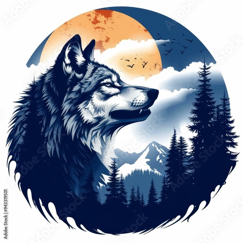 Wolf Portrait with a Moon and Forest Background photo