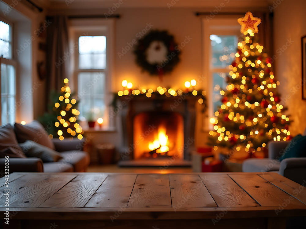 Holiday able with Christmas tree and fireplace with copy space Holiday able with Christmas tree and fireplace with copy space