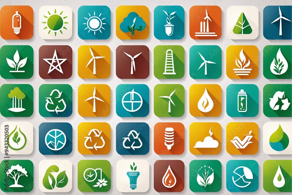 A set of energy and sustainability icons designed for environmental infographics and green technology designs A set of energy and sustainability icons designed for environmental infographics and green technology designs