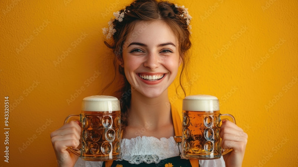 Close-up photo of a woman in dirndl, traditional festival dress, holding two mugs of beer in her hands. Oktoberfest, St. Patrick’s day, international beer day concept. Close-up photo of a woman in dirndl, traditional festival dress, holding two mugs of beer in her hands. Oktoberfest, St. Patrick’s day, international beer day concept.