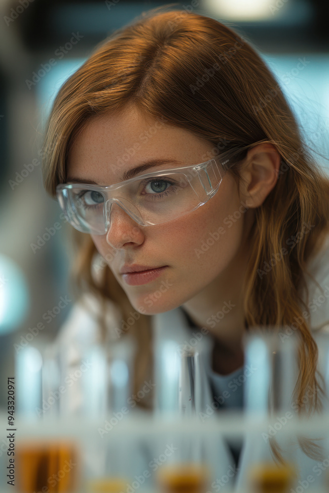 Female Scientist, A woman wearing a lab coat and safety glasses is carefully examining a liquid sample in a beaker during a scientific experiment Female Scientist, A woman wearing a lab coat and safety glasses is carefully examining a liquid sample in a beaker during a scientific experiment