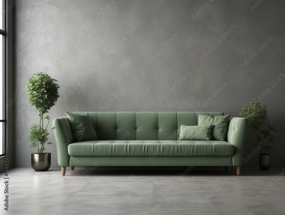 Green Sofa with Cushions in a Minimalist Living Room Green Sofa with Cushions in a Minimalist Living Room
