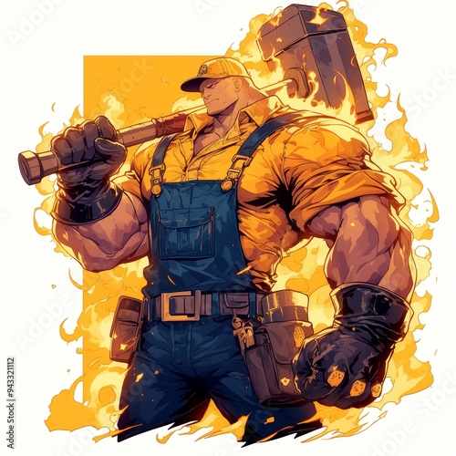 Muscular Man in Yellow Shirt and Blue Overalls Holding a Fiery Hammer photo