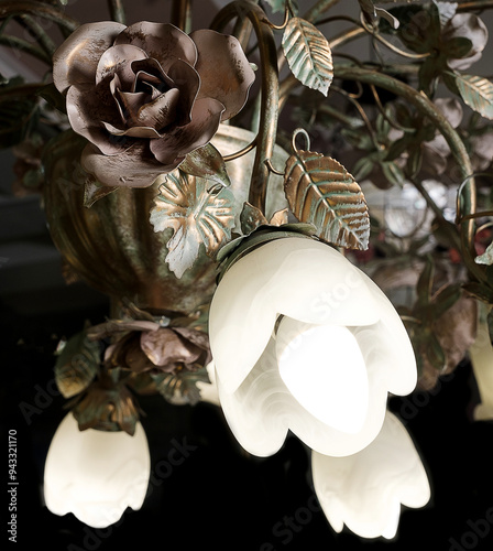 Obraz na płótnie Chandelier lamp with flowers and metal, Bohemian glass Beautiful exquisite natural motifs with crystals on a black background isolate w salonie