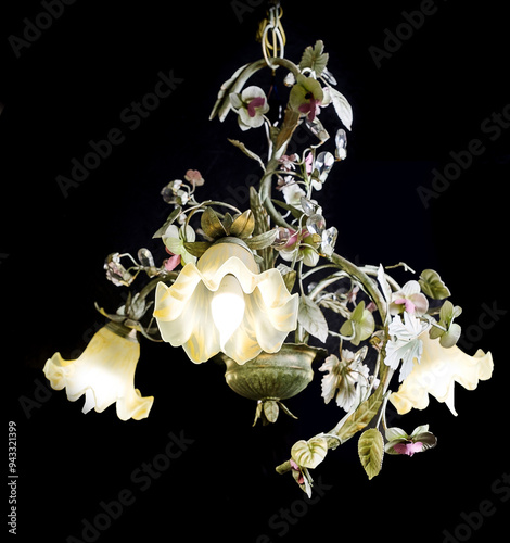 Obraz na płótnie Chandelier lamp with flowers and metal, Bohemian glass Beautiful exquisite natural motifs with crystals on a black background isolate w salonie