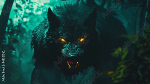 31. A werewolf emerging from the shadows of a dense forest, with glowing eyes and sharp teeth