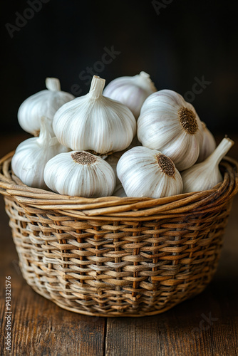 Garlic Bulbs Basket, A woven basket filled with fresh garlic bulbs resting on a rustic wooden table, showcasing natural textures and earthy colors