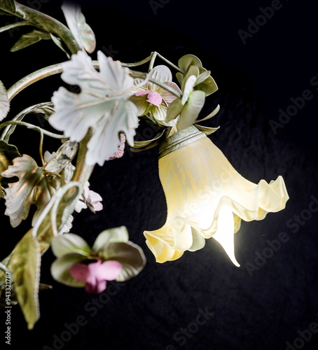 Chandelier lamp with flowers and metal, Bohemian glass Beautiful exquisite natural motifs with crystals on a black background isolate