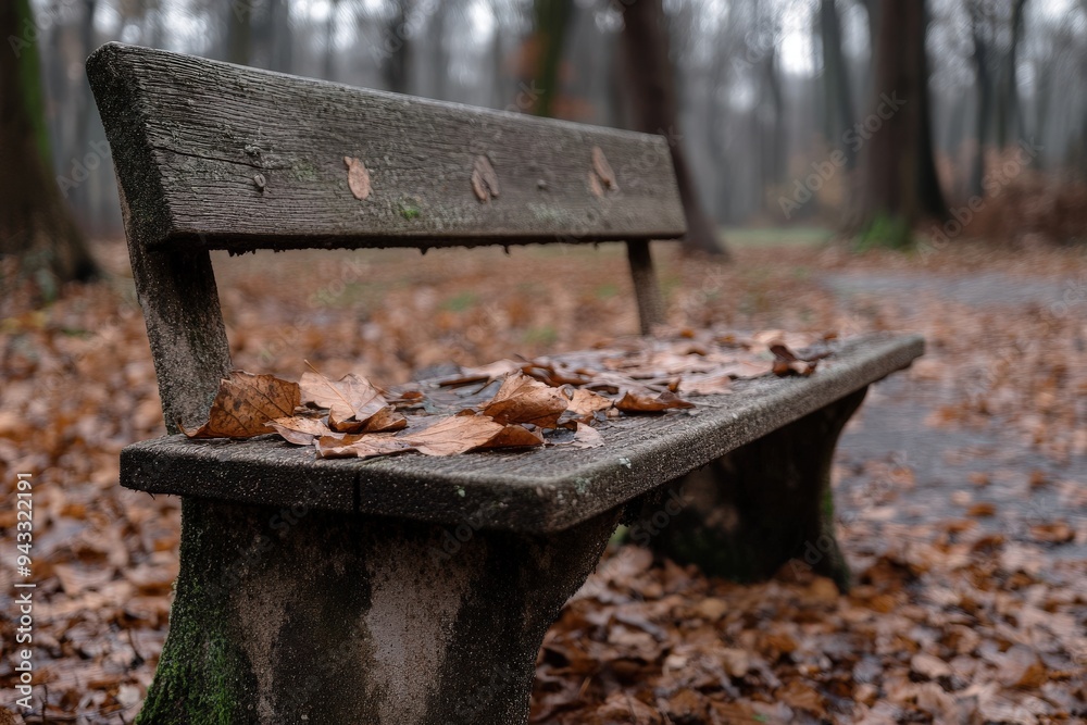 An old wooden bench is covered in fallen leaves in an autumn forest, evoking nostalgia and tranquility in a scene of seasonal beauty and quiet reflection. An old wooden bench is covered in fallen leaves in an autumn forest, evoking nostalgia and tranquility in a scene of seasonal beauty and quiet reflection.