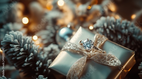 A diamond ring sitting on a frosted gift box with sparkling Christmas decorations in the background.