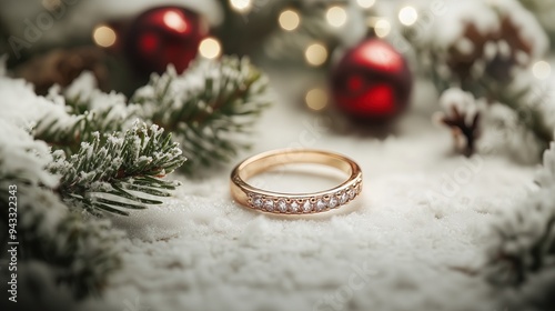 A gold ring adorned with diamonds placed on a snowy surface, with Christmas decorations in the background.