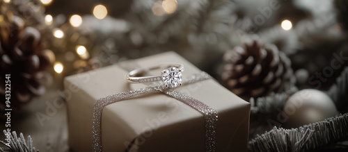 A diamond engagement ring placed on a gift box, surrounded by pinecones and Christmas decorations. photo