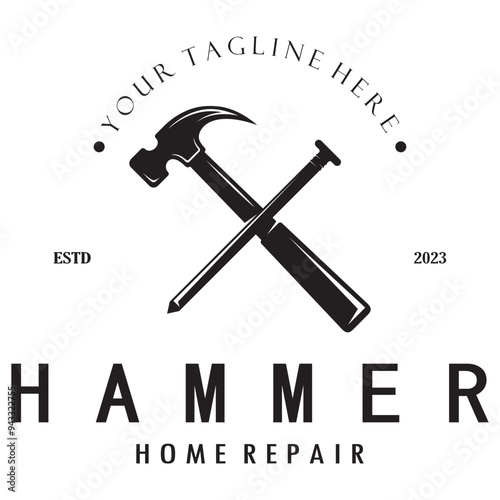 retro vintage crossed hammer and nail logo for home repair services, carpentry, badges, builders, woodworking, construction, vector