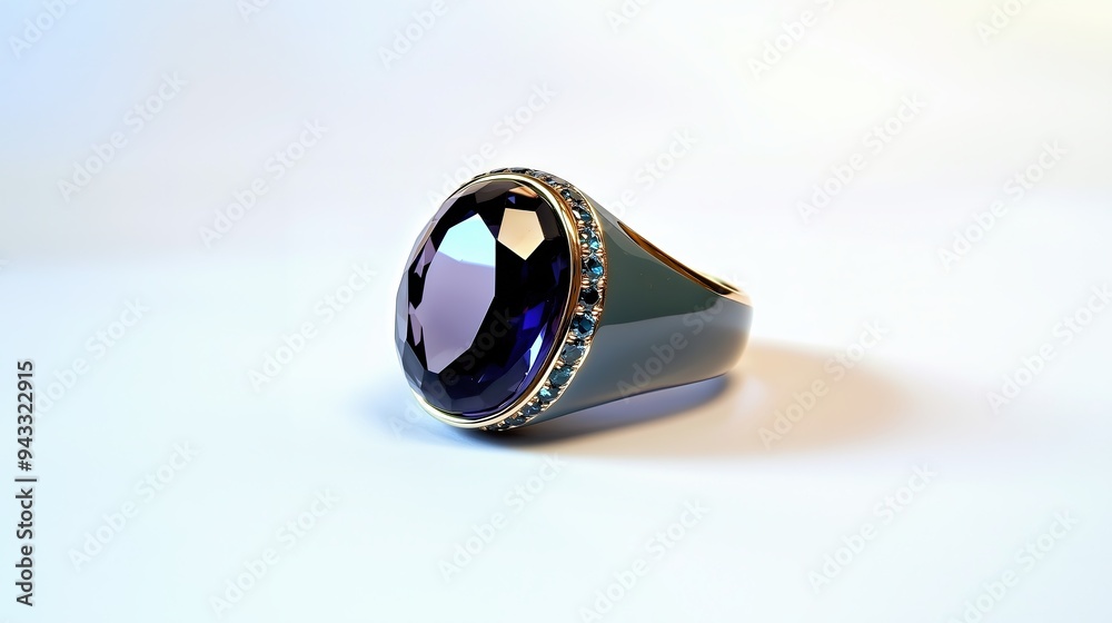 A gold ring with a large dark blue gemstone, elegantly displayed on a white background. A gold ring with a large dark blue gemstone, elegantly displayed on a white background.