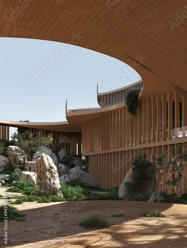 Desert Oasis Architecture, a stunning building nestled among striking desert rocks in Saudi Arabia, showcasing innovative design by Mecanoo, harmonizing nature and structure. photo