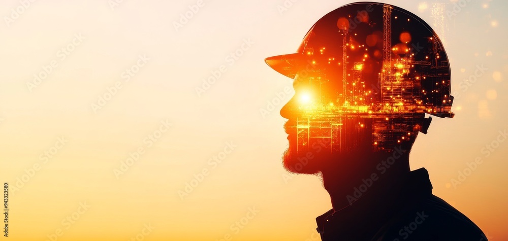 A silhouette of a worker with a hard hat, illuminated by a warm sunset, symbolizing innovation and progress in construction.
