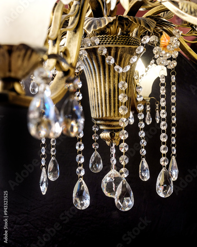 Obraz na płótnie Chandelier lamp with flowers and metal, Bohemian glass Beautiful exquisite natural motifs with crystals on a black background isolate w salonie