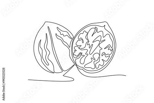 Single continuous line drawing of whole healthy organic walnut food for plantation logo identity. Fresh nutshell concept for healthy seed icon. Dynamic one line draw graphic design vector illustration