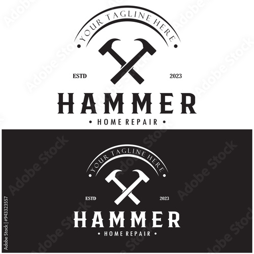 retro vintage crossed hammer and nail logo for home repair services, carpentry, badges, builders, woodworking, construction, vector