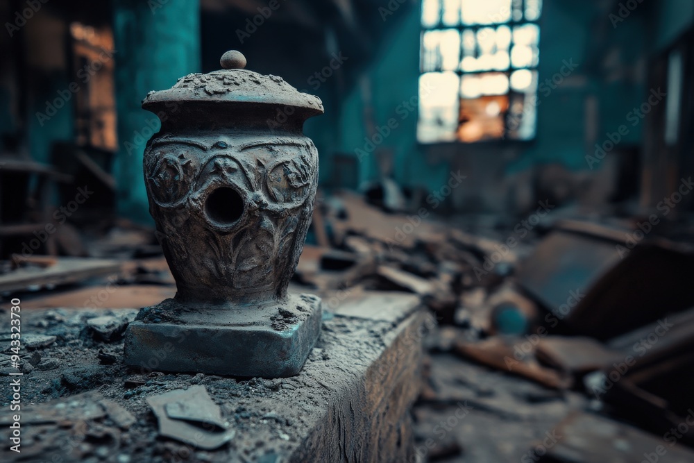 A rustic, ornately designed ceramic artifact sits in an abandoned, dilapidated room, surrounded by debris, reflecting the remnants of a bygone era and history. A rustic, ornately designed ceramic artifact sits in an abandoned, dilapidated room, surrounded by debris, reflecting the remnants of a bygone era and history.