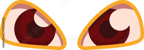 Cartoon angry red eyes staring with yellow eyebrows, isolated on white background