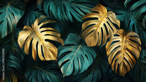 Tropical Leaves Decor,  Beautiful tropical leaves in green and cream shades with soft gold touches, creating a calm and luxurious atmosphere for your space