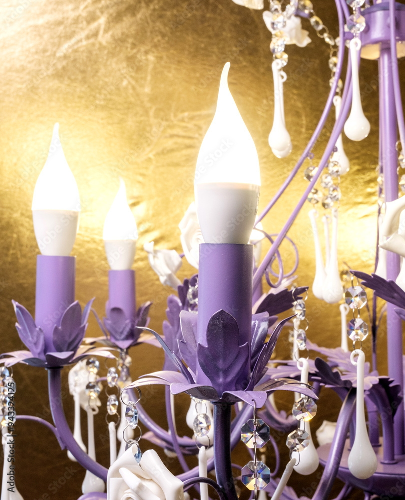 Chandelier lamp with flowers and metal, Bohemian glass Beautiful exquisite natural motifs with crystals on a black background isolate