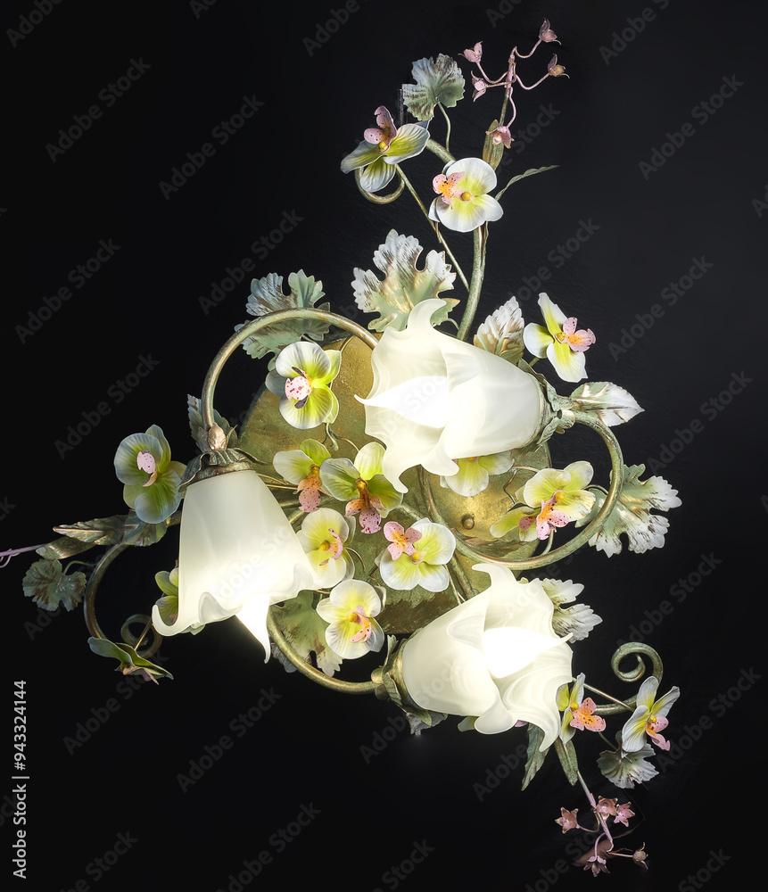 Chandelier lamp with flowers and metal, Bohemian glass Beautiful exquisite natural motifs with crystals on a black background isolate