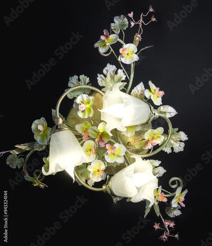 Obraz na płótnie Chandelier lamp with flowers and metal, Bohemian glass Beautiful exquisite natural motifs with crystals on a black background isolate w salonie