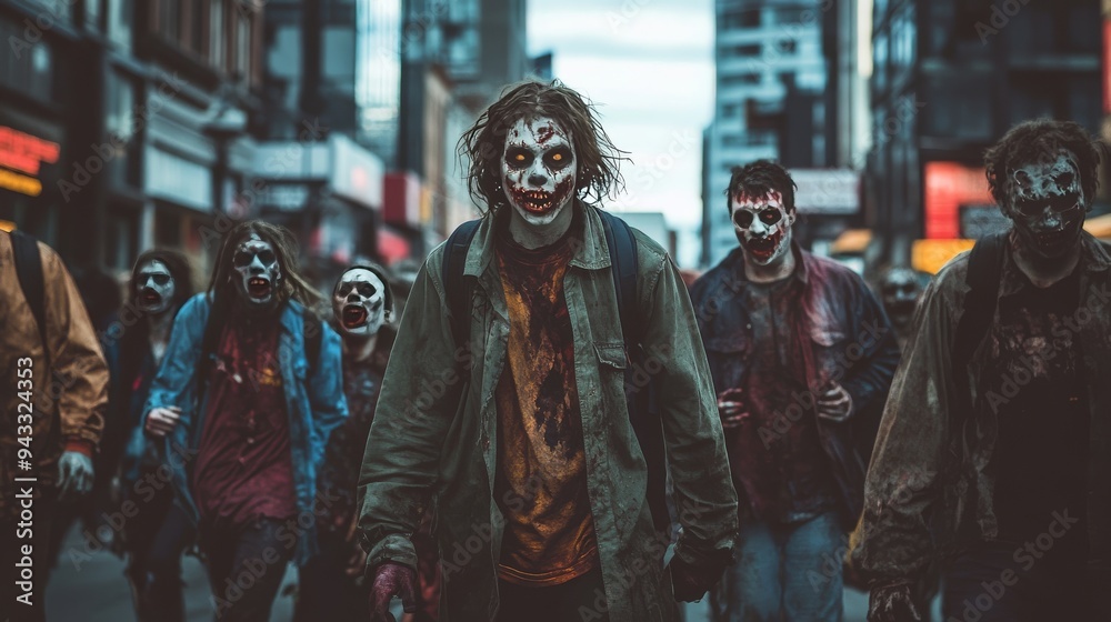 55. A group of friends dressed as zombies, walking through a deserted city street 55. A group of friends dressed as zombies, walking through a deserted city street