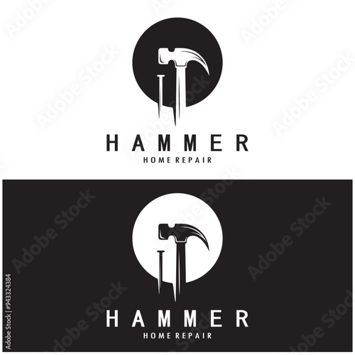 retro vintage crossed hammer and nail logo for home repair services, carpentry, badges, builders, woodworking, construction, vector photo