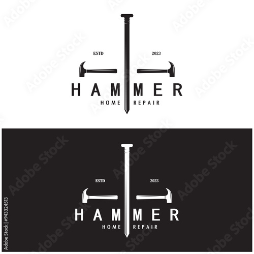 retro vintage crossed hammer and nail logo for home repair services, carpentry, badges, builders, woodworking, construction, vector