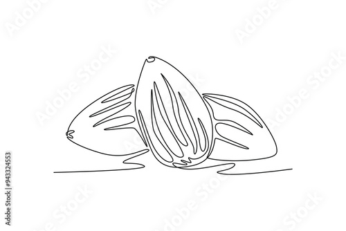 Single one line drawing whole healthy organic freshness almonds group for garden logo identity. Fresh edible seed concept for fruit icon. Modern continuous line draw design graphic vector illustration