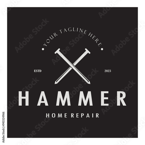 retro vintage crossed hammer and nail logo for home repair services, carpentry, badges, builders, woodworking, construction, vector