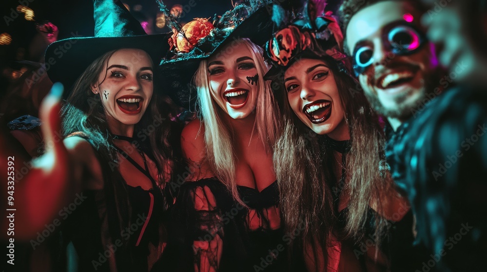 71. A group of friends dressed in Halloween costumes, laughing and taking selfies at a party 71. A group of friends dressed in Halloween costumes, laughing and taking selfies at a party