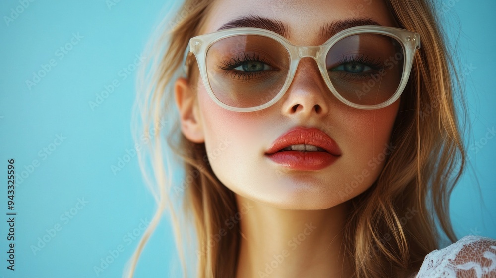 portrait of young woman in sunglasses on blue background portrait of young woman in sunglasses on blue background