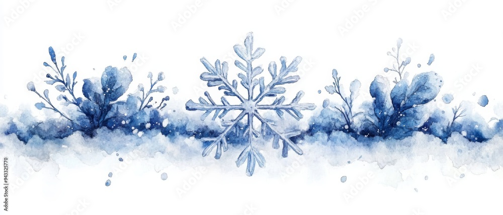 A beautiful watercolor of snowflakes and foliage in elegant blue tones, perfect for winter and holiday themes. A beautiful watercolor of snowflakes and foliage in elegant blue tones, perfect for winter and holiday themes.