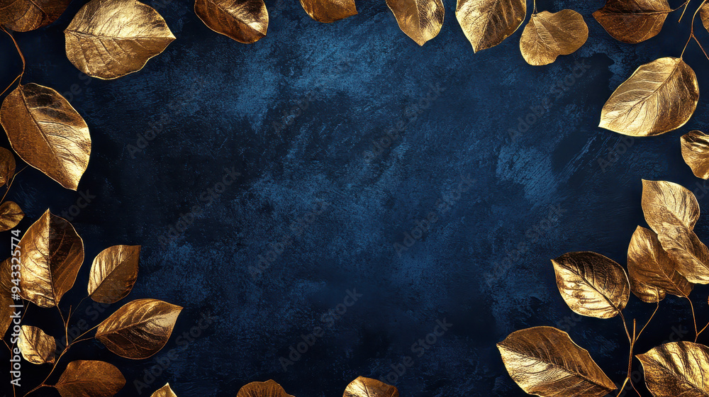 Dark blue background with golden leaves framing, a luxury concept Dark blue background with golden leaves framing, a luxury concept