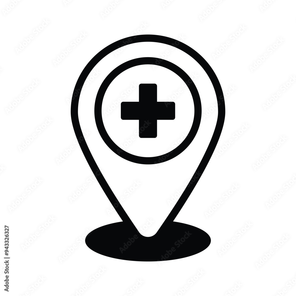 Medical sign inside map pin denoting concept icon of hospital location Medical sign inside map pin denoting concept icon of hospital location