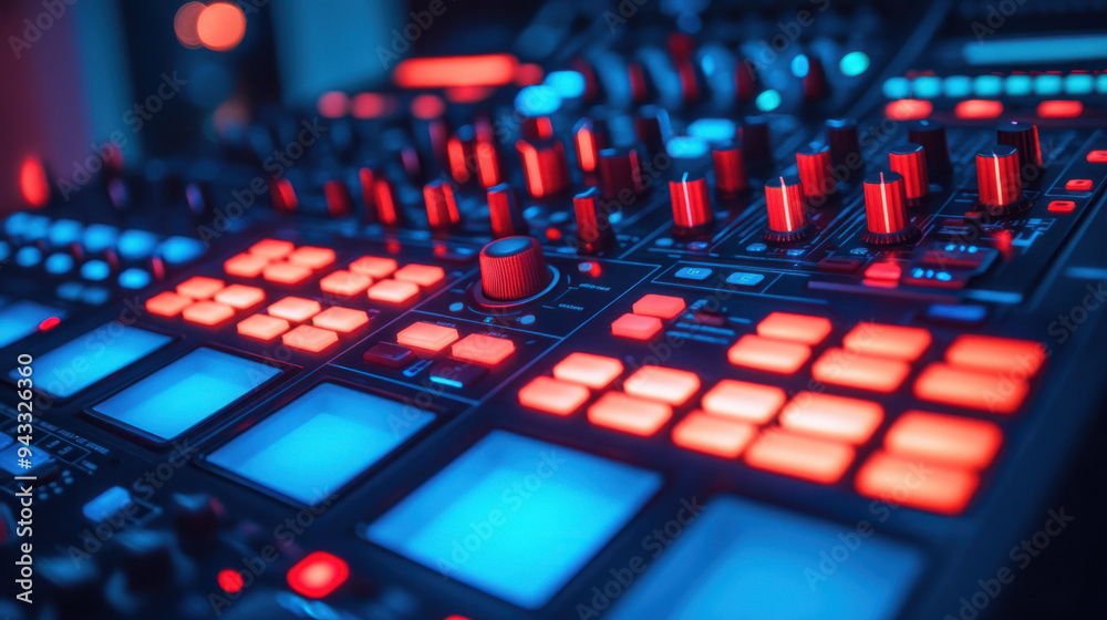 DJ Mixer,  Close-up of a DJ mixer featuring vibrant blue and red lighting, showcasing its buttons and knobs in a lively, dynamic atmosphere