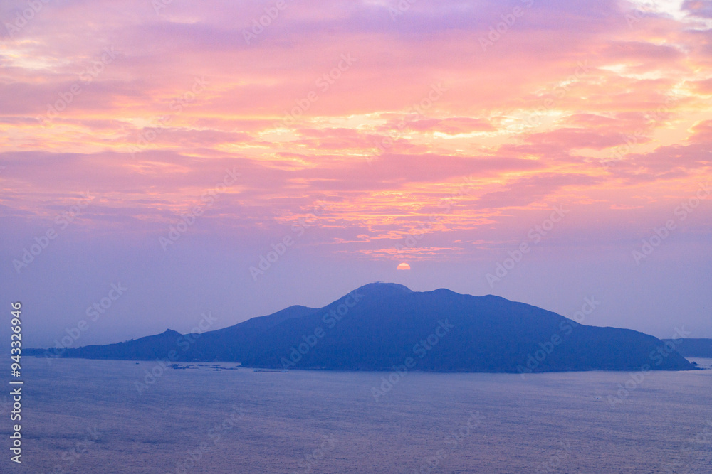 Golden Sunset Over Tranquil Mountain and Sea, Hong Kong Golden Sunset Over Tranquil Mountain and Sea, Hong Kong