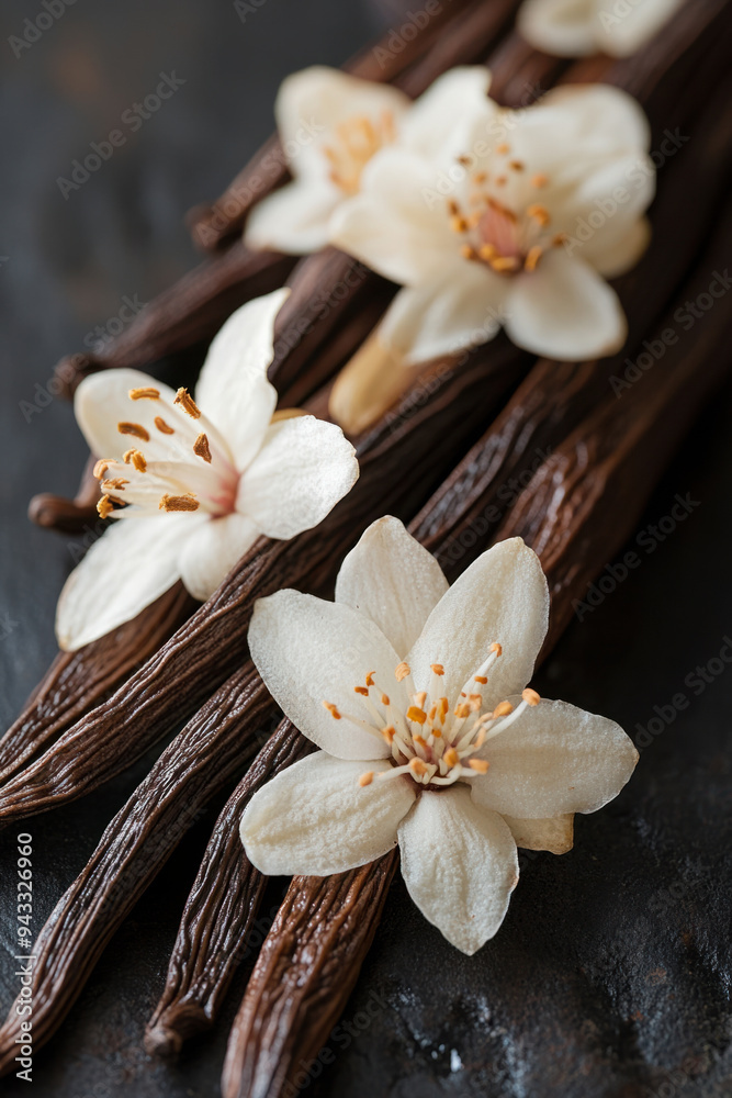 Vanilla Pods, Close-up of fresh vanilla bean pods and their delicate blossoms, showcasing the natural beauty and essence of vanilla in a stunning detail Vanilla Pods, Close-up of fresh vanilla bean pods and their delicate blossoms, showcasing the natural beauty and essence of vanilla in a stunning detail