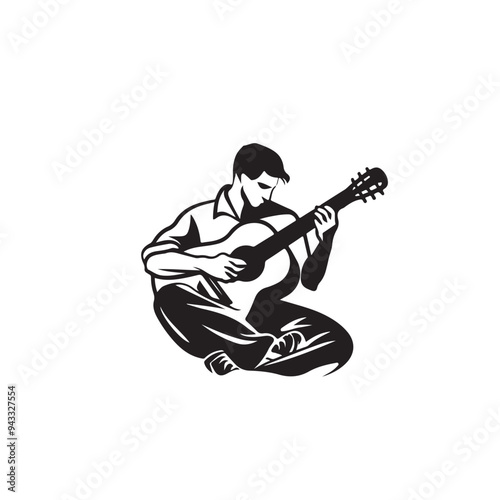 Man Sitting With Crossed Legs Playing The Acoustic Guitar Vector Illustration On A White Background
