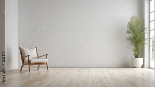 Minimalist Living Room Interior with White Chair, Plant, and Wooden Floor