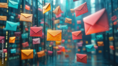 Colorful Envelopes,  Colorful envelopes float in a digital environment, symbolizing modern communication and messaging in a vibrant and creative design