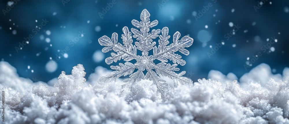 A close-up of a stunning snowflake resting on soft snow, showcasing intricate details against a serene winter backdrop. A close-up of a stunning snowflake resting on soft snow, showcasing intricate details against a serene winter backdrop.