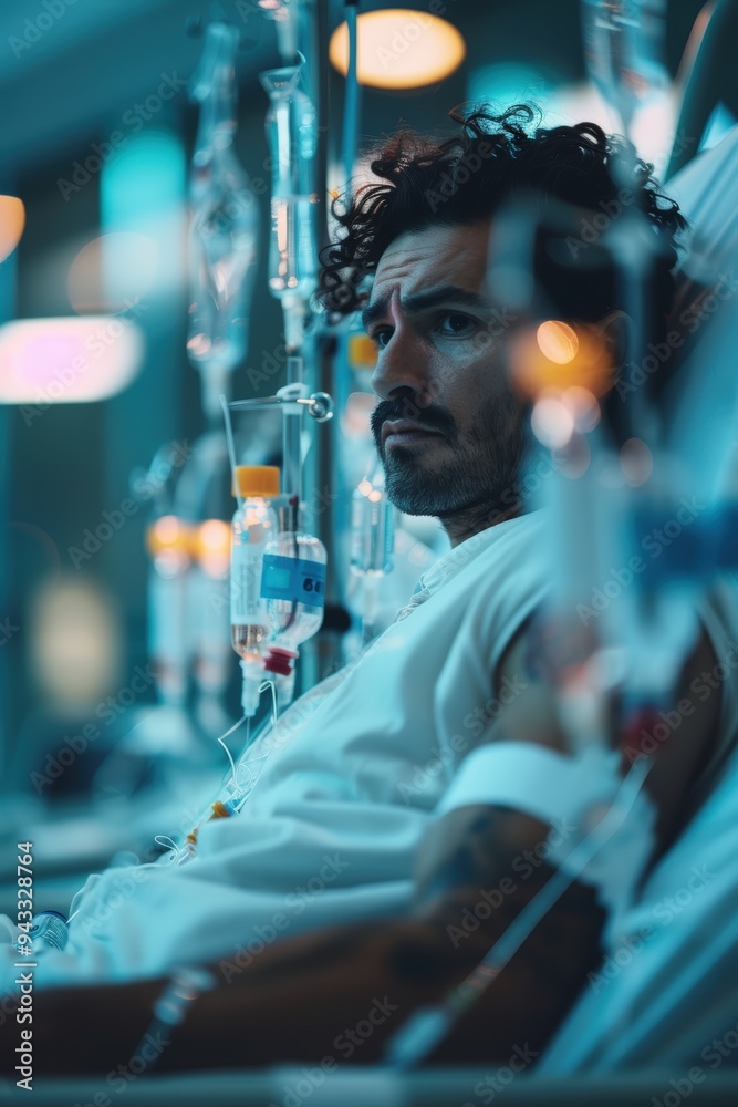 Patient undergoing chemotherapy treatment in hospital setting Patient undergoing chemotherapy treatment in hospital setting