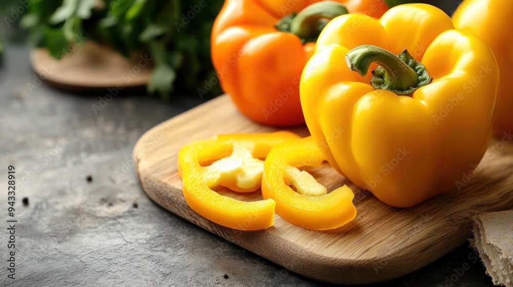 Yellow Bell Peppers on Wooden Cutting Board Yellow Bell Peppers on Wooden Cutting Board
