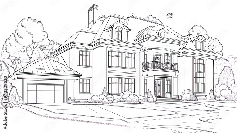 Black and white coloring page of a large luxury house with a garage Black and white coloring page of a large luxury house with a garage