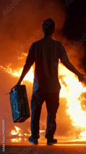 Vertical Screen: Male Arsonist with a Gasoline Can Ignites a Vehicle, Causing a Massive Fire. Bright Yellow Flames Engulf the Car, Creating a Dramatic and Dangerous Scene at Night. Cinematic Footage